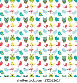 Birds seamless pattern, colorful texture on white background. Vector illustration for design of gift packs, wrap,  patterns fabric, wallpaper, web sites and other.