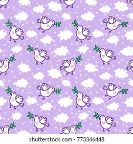 Birds seamless pattern, colorful texture on purple background