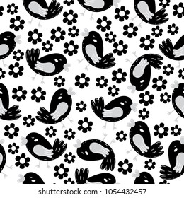 Birds. Seamless pattern with cute little birds and flowers