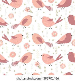 Birds. Seamless pattern with cute little birds, flowers and herbs. Nature,spring.  All elements are  hidden under mask. Pattern are not cropped and can be edited. Cute vector illustration.