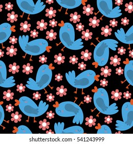 Birds. Seamless pattern with cute little birds and flowers.