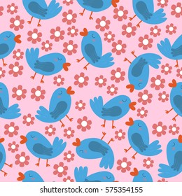 Birds. Seamless pattern with cute little birds and flowers.