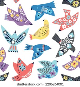 Birds seamless pattern. Ethnic folk abstract flying bird wallpaper. Decorative flat dove or seagull, scandinavian floral decent vector fabric print