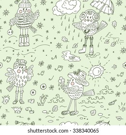 Birds Seamless pattern. Four Seasons. Times of year. Weather. Cartoon birds at different times of year - Hand drawn doodles vector illustration