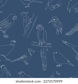  birds seamless pattern isolated on blue background , hand drawn birds