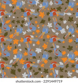 Birds seamless pattern on leaves background. Flying American red start birds doodle vector illustration. Design for fabrics, gift packaging, textiles.