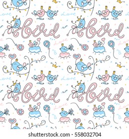 Birds seamless pattern on white background. Template Valentines Day. Love, heart, trees, crown.