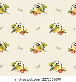 Birds seamless pattern in pastel colors with a bunch of rowan. 