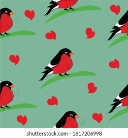 Birds seamless pattern with red and black bird with heart shapes on green background. Vector illustration for valentine's day, greeting card, friendship, love, wallpaper. Textile print. Cute character