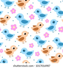 Birds. Seamless pattern with simple birds and flowers in the nursery. On white background. For textiles, Wallpaper, paper, fabric.