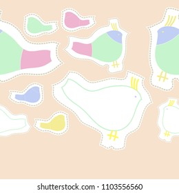 Birds  seamless pattern, stripes,  spots, dashed lines, tags . Hand drawn.