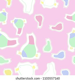 Birds seamless  pattern, stripes,  spots, dashed lines, tags . Hand drawn.