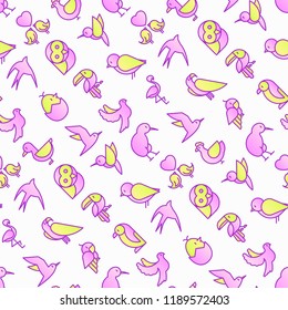 Birds seamless pattern with thin line icons: dove, owl, penguin, sparrow, swallow, kiwi, parrot, eagle, humming bird, pink flamingo. Modern vector illustration.