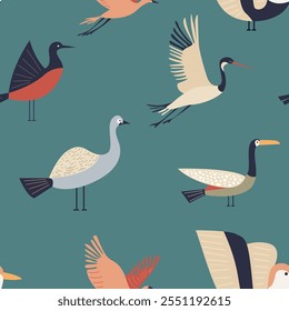 Birds Seamless Pattern, Vector Art for Modern Designs, minimalism, muted colors, background