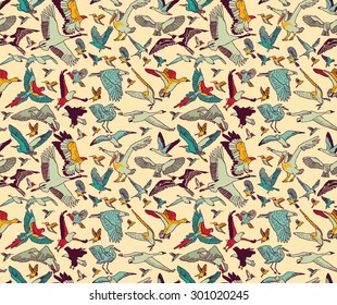 Birds seamless pattern wallpaper color. Big group of different birds. Color vector illustration. EPS 8.