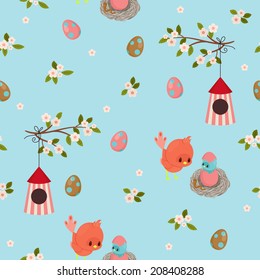 Birds seamless wallpaper. Blue sweet endless pattern with birds, bird's nest and bird's house