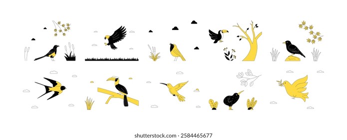 Birds seen flying and perched comfortably in nature, animals, poultry, feathered, winged, vector illustration.