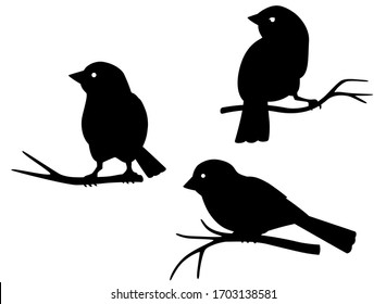 Birds - set of black vector silhouettes. Birds on branches - silhouettes for logo or pictograms. Signs or icons with little birds.