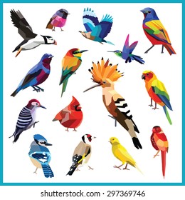 Birds set of colorful low poly designs isolated on white background.