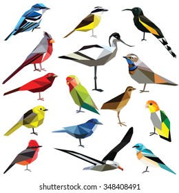 Birds set colorful low poly designs isolated on white background.