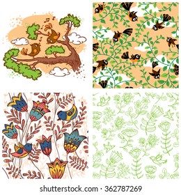 Birds set. Couple of birds illustration and floral seamless patterns
