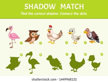 Birds Set Find the Correct Shadow. Shadow Matching Educational Game for Kids to Compare and Connect Objects and Shadows, Simple Game For Preschool Children Learning Games