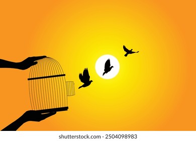 Vögel setzen freien Vektor. Der Vogel aus dem Käfig befreit, Freiheit Konzept.