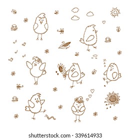 Birds set. Hand drawn doodles cute fluffy chicks - vector illustration 