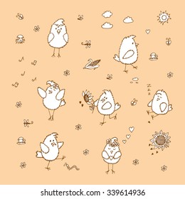 Birds set. Hand drawn doodles cute fluffy chicks - vector illustration 