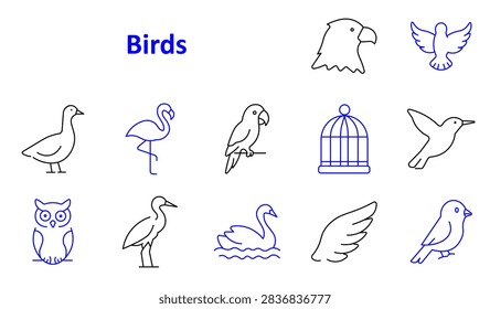 Birds set icon. Eagle head, flying dove, standing goose, flamingo, perched parrot, birdcage, hummingbird, owl, heron, swimming swan, bird wing, small sparrow.