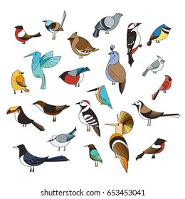 Birds set. Lined vector collection. Abstract art, logo, icons.