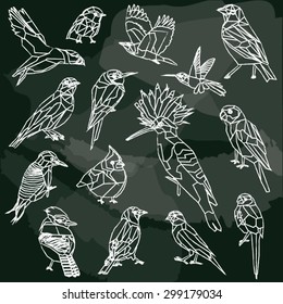 Birds set of low poly chalkboard designs isolated.