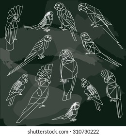 Birds set of low poly chalkboard design isolated.