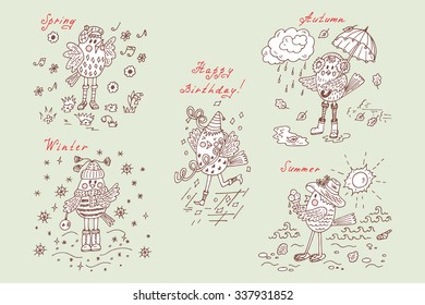 Birds set. Seasons set. Four seasons icons. Times of year. Weather. Autumn. Summer. Winter. Spring. Cartoon birds at different times of year and birthday - Hand drawn doodles vector illustration