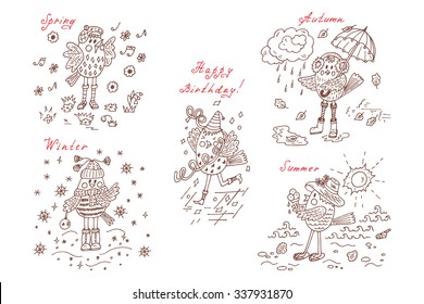 Birds set. Seasons set. Four seasons icons. Times of year. Weather. Autumn. Summer. Winter. Spring. Cartoon birds at different times of year and birthday - Hand drawn doodles vector illustration