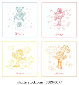 Birds set. Seasons set. Four seasons icons. Times of year. Weather. Cartoon birds at different times of year - Hand drawn doodles vector illustration