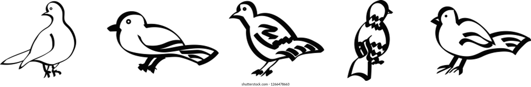 Birds set. Stylized line drawing