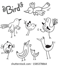 Birds set in vector. Black and white cute illustration.