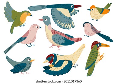 Birds set vector illustration in cartoon style. Flying little cute birds collection of robin, jay, magpie, pigeon, woodpeckers, goldfinch  