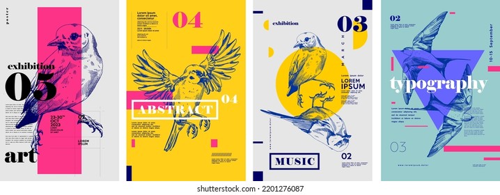 Aves. Conjunto de afiches vectoriales con aves. Ilustraciones de grabado y tipografía. Imágenes de fondo para portada, pancarta, afiche. Impresión de camisetas.
