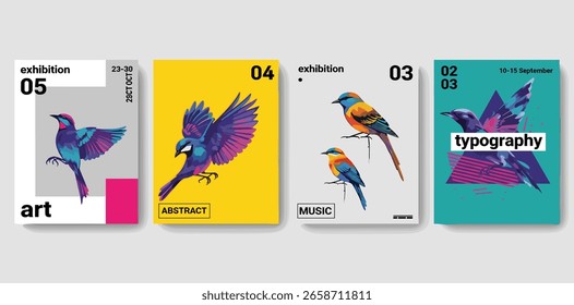 Birds. Set of vector posters with birds. Engraving illustrations and typography. Background images for cover, banner, poster