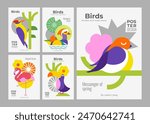 Birds Set of vector posters with birds. Simple, minimalist design with a woodpecker, flamingo, swallow, toucan and mandarin duck. Background images for cover, banner, poster and more