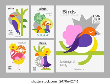 Birds Set of vector posters with birds. Simple, minimalist design with a woodpecker, flamingo, swallow, toucan and mandarin duck. Background images for cover, banner, poster and more