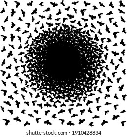 Birds silhouette from a dark circle. Abstract creative composition. Black and white pattern. Vector illustration.