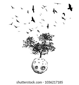 birds silhouette fly on tree silhouette and tree born on the moon. line art illustration vector hand drawing. tattoo design. black graphic concept. animal and nature.