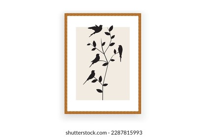 Birds silhouette on a branch on tree, vector. Minimalist poster design in wooden frame. Wall art design