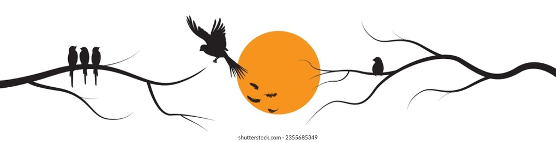 Birds silhouette on tree on sunset, vector. Flying bird silhouette and birds on branch illustration isolated on white background. Minimalist art design