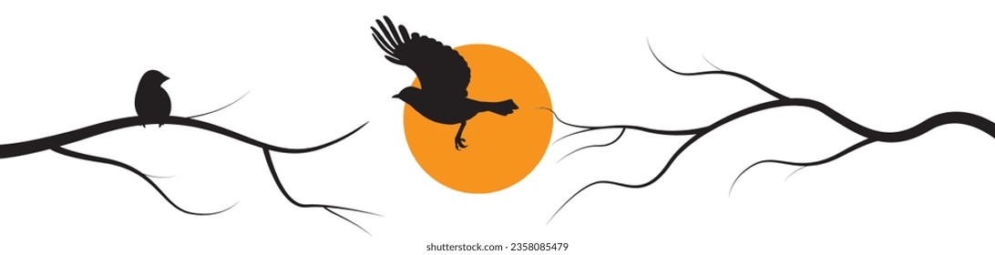 Birds silhouette on tree on sunset, vector. Flying bird silhouette and bird on branch illustration isolated on white background. Minimalist art design
