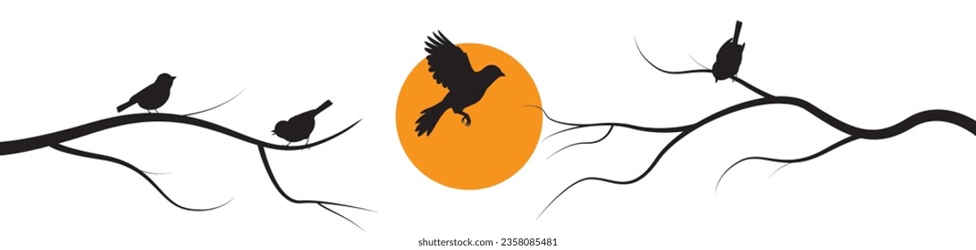 Birds silhouette on tree on sunset, vector. Flying bird silhouette and bird on branch illustration isolated on white background. Minimalist art design