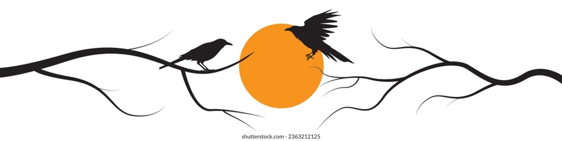 Birds silhouette on tree on sunset, vector. Flying bird silhouette and bird on branch illustration isolated on white background. Minimalist art design